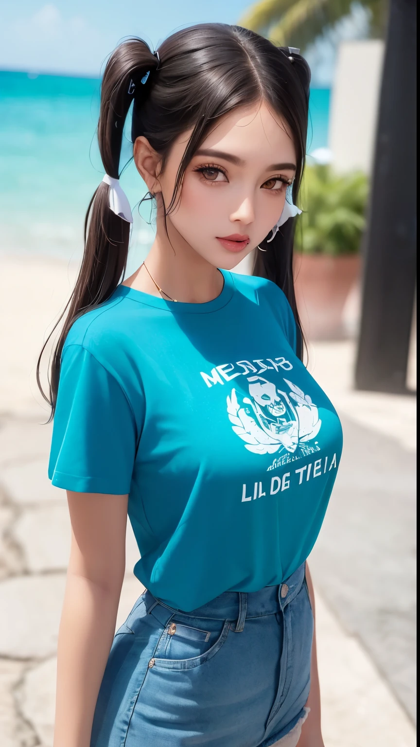 (8k, RAW Photos, highest quality, masterpiece, Realistic, Realistic), (1 female), (Ultimate beauty), Highly detailed face, (Perfect Teeth), Beautiful Eyes, double eyelid, eyelash, smile, Lip details, Brunette Bob, The light shines on your face, Big Breasts, ((T-Shirts)), (Tight mini skirt), (background: garden), ((Written boundary depth))
