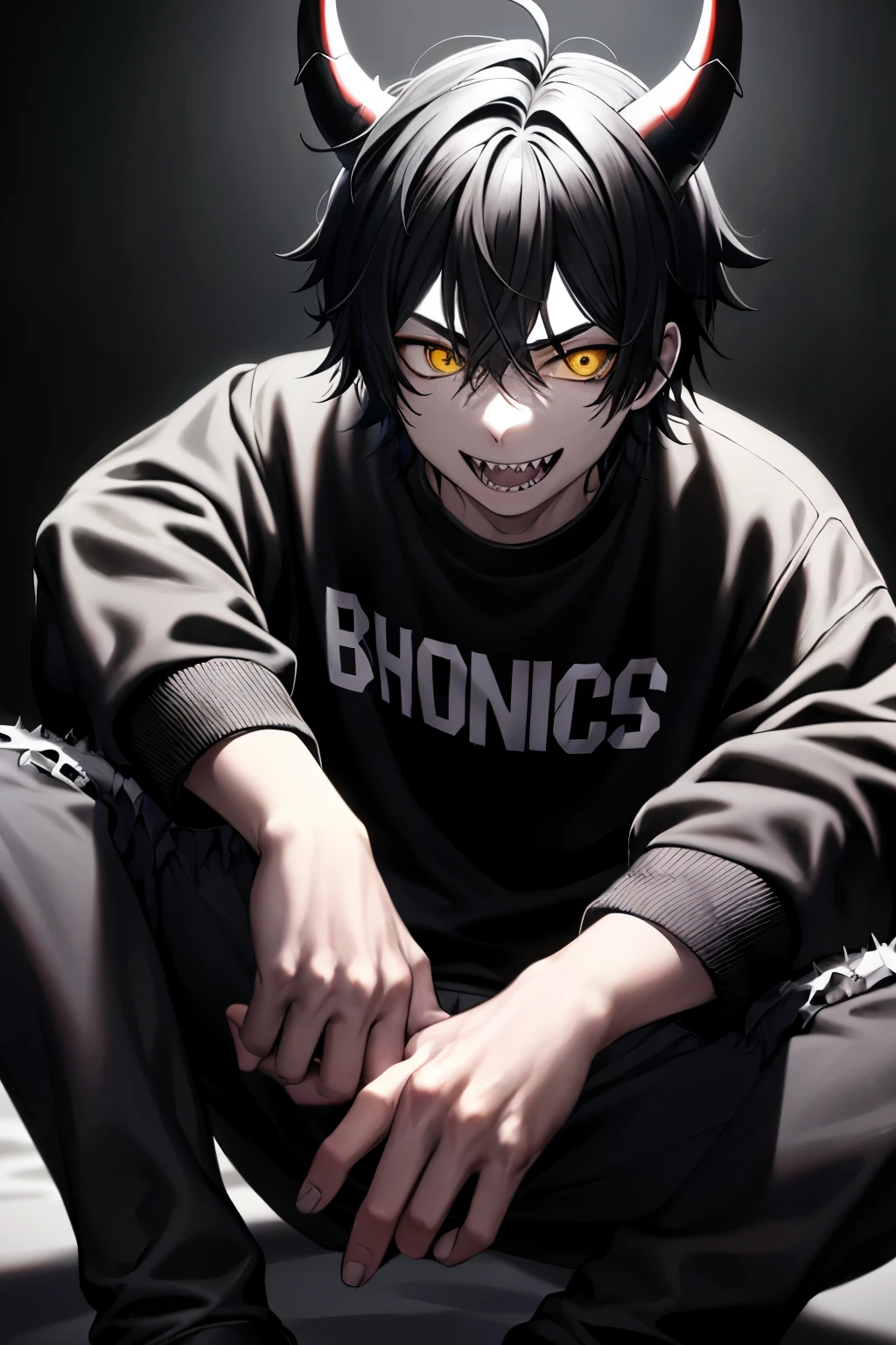 A teenage boy with black hair and bangs between his eyes, with a psychopathic smile on his face, yellow eyes, sharp teeth, with horns, in a black sweatshirt, with his hands in his pocket, looking at the viewer, on a blurred gray background.