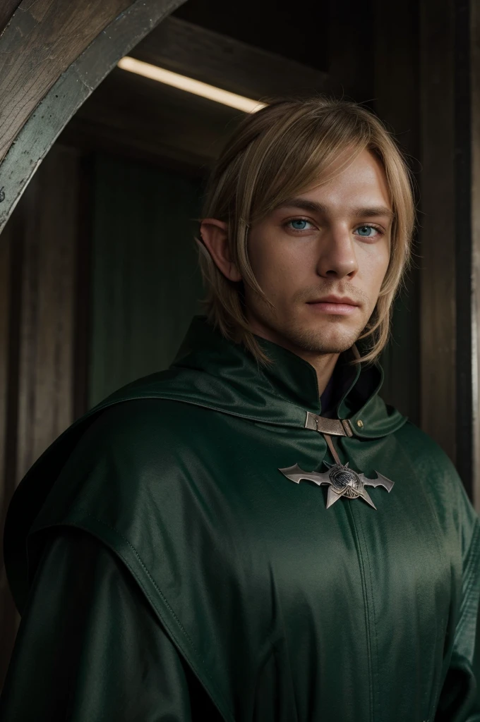 masterpiece, best quality, 1man, adult, male focus, solo, medium blonde hair, vibrant green eyes, looking at viewer, cape, High quality metal texture, overcoat, closed mouth, bangs, high collar,(kbxll:0.6), Fantasy aesthetics, Highly detailed, shadowverse style, executor outfit, elf ear, fix hands
