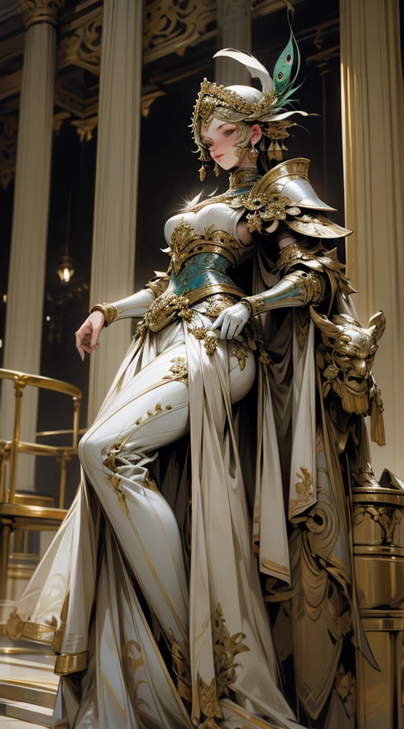 Armor, woman, Greek goddess Hera style, Let the armor be white, With a peacock design, with details of peacock feathers, with a closed helmet, Let the helmet be a bacinete style, Let the armor be without shoulder pads, with a long skirt, that the skirt is elegant, with good lighting, with a focus on the peacock details, that there is a temple in the background, that the armor is elegant.