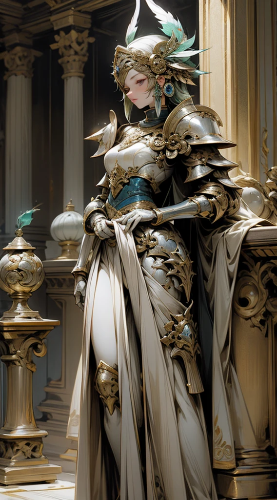Armor, woman, Greek goddess Hera style, Let the armor be white, With a peacock design, with details of peacock feathers, with a closed helmet, Let the helmet be a bacinete style, Let the armor be without shoulder pads, with a long skirt, that the skirt is elegant, with good lighting, with a focus on the peacock details, that there is a temple in the background, that the armor is elegant.