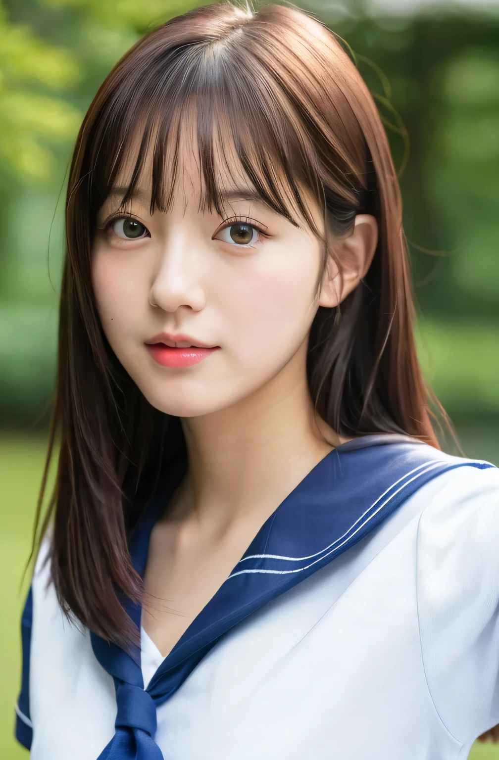 Close up portrait of woman walking in park in sailor suit、Japan Person Model、Young gravure idols、Young cute gravure idol、Realistic Young Gravure Idol、Realistic gravure idol、Young gravure idols、sophisticated gravure idol、奈良美智、Young skinny gravure idol、beautifull asian girl ever、oppai