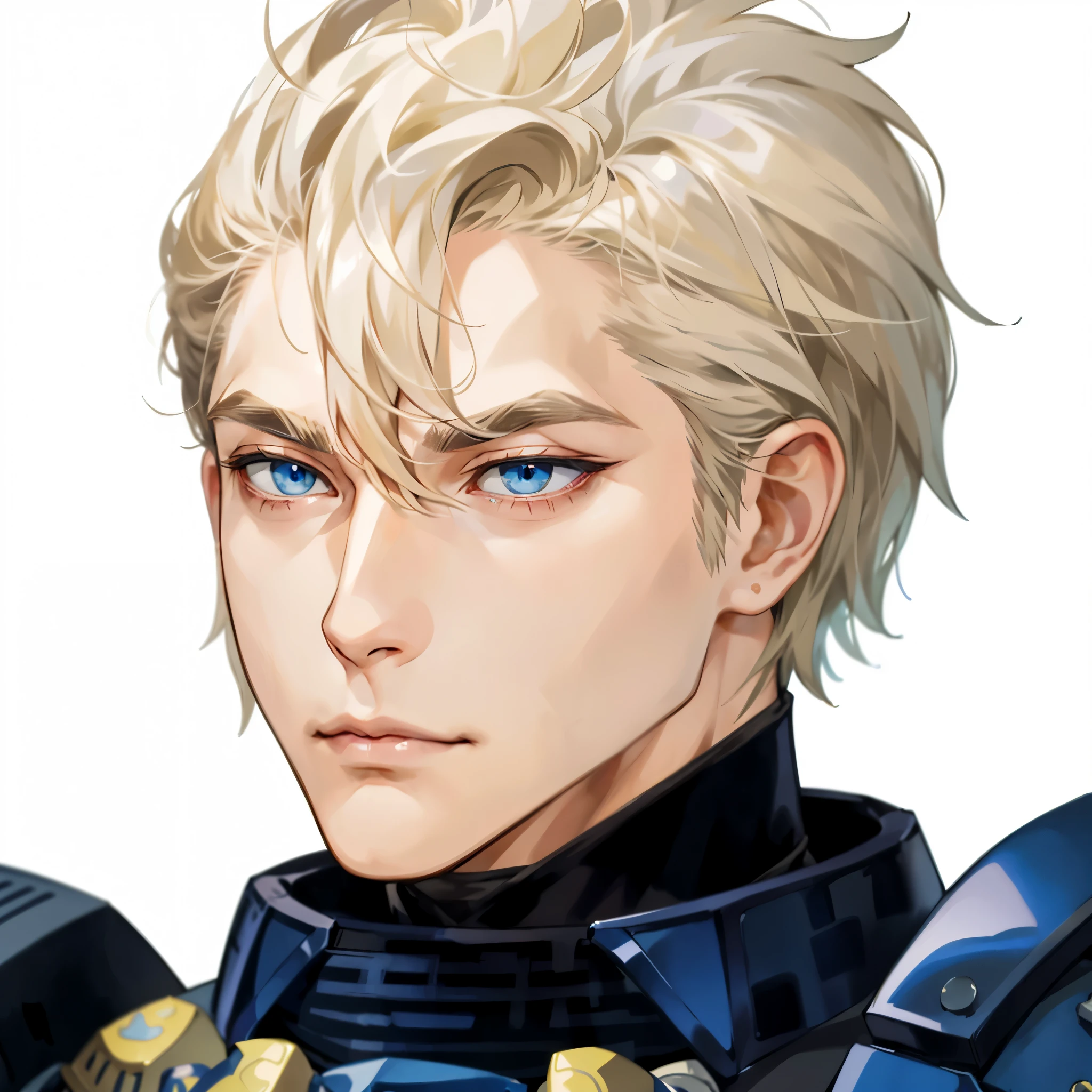 a man in his sixties, dirty blond hair, short hair, bushy eyebrows, blue eyes, no facial hair, serious expression, determined expression, d&d character portrait, nagito komaeda, armor, masamune shiro, jjba, highley detailed face, jin kagetsu, seinen manga portrait