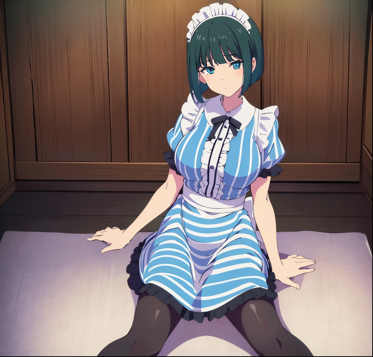 masterpiece, best quality, highres, shiragiku ono,1girl, alone, short hair, green hair, bob cut, maid headdress, blue eyes, large breasts, frills, vertical-striped dress, blue dress, short sleeves,  black pantyhose, sitting, spread legs, open shirt, (nipples:1.1),