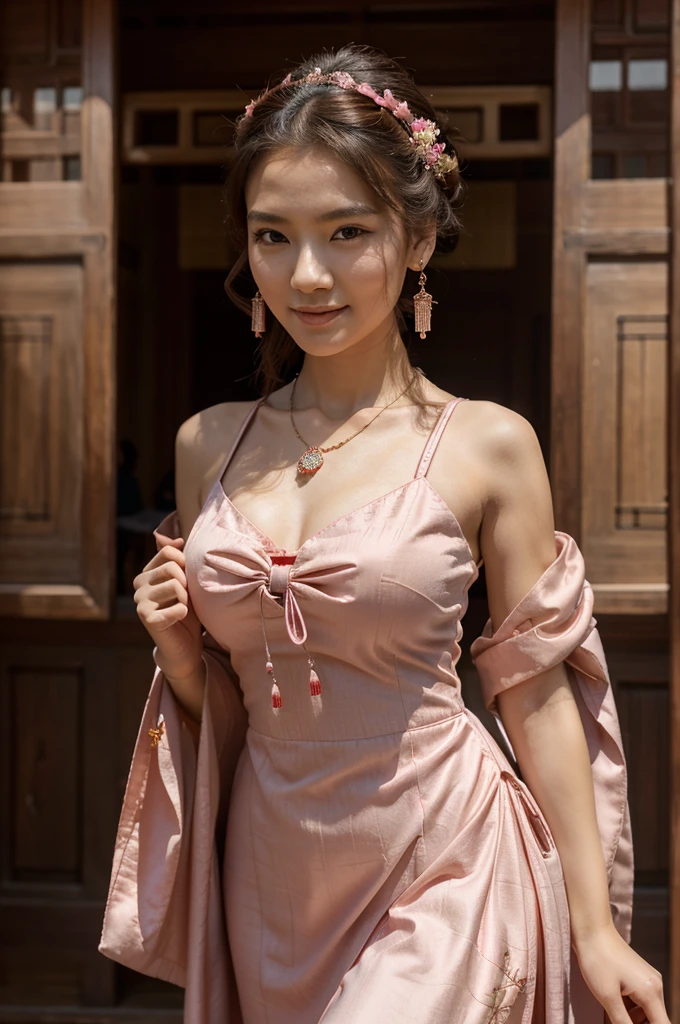 Best quality, masterpiece, high resolution, 1girl, ancient Chinese pink dress, beautiful face, ancient Chinese clothing, bowknot without the original picture, elegant, noble, crown, thin leg, fairy, hair accessory, solo, looking at viewer, smiling, shut up, lips, dress, hair accessory, necklace, jewelry, long hair, earrings, architecture, east asian architecture