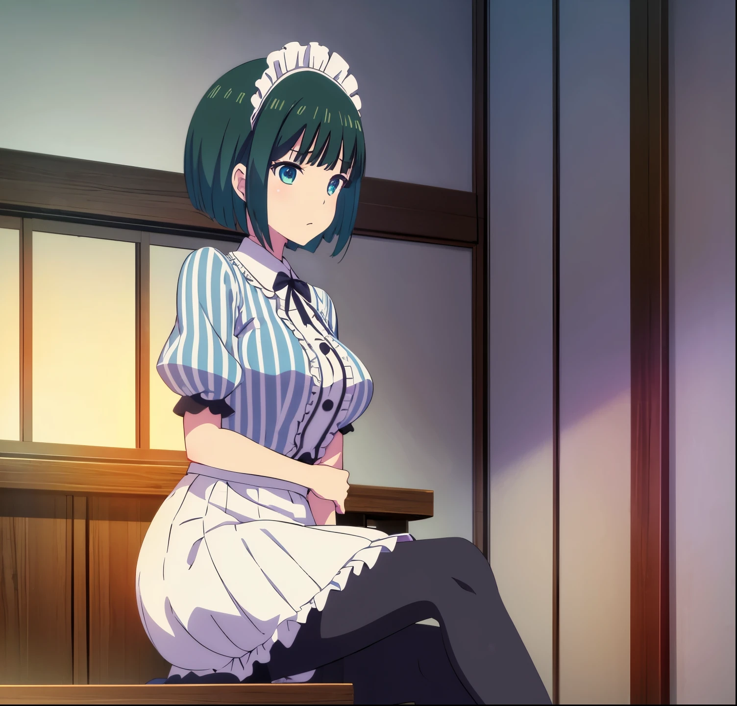masterpiece, best quality, highres, shiragiku ono,1girl, alone, short hair, green hair, bob cut, maid headdress, blue eyes, large breasts, frills, vertical-striped dress, blue dress, short sleeves, black pantyhose, sitting, spread legs, open shirt, (nipples:1.1),