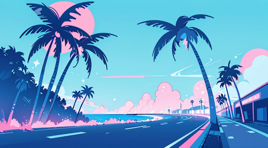 (cyberpunk road by the sea, pink glowing road, starry blue sky, big moon, palm trees), (low contrast, flat color, limited palette)