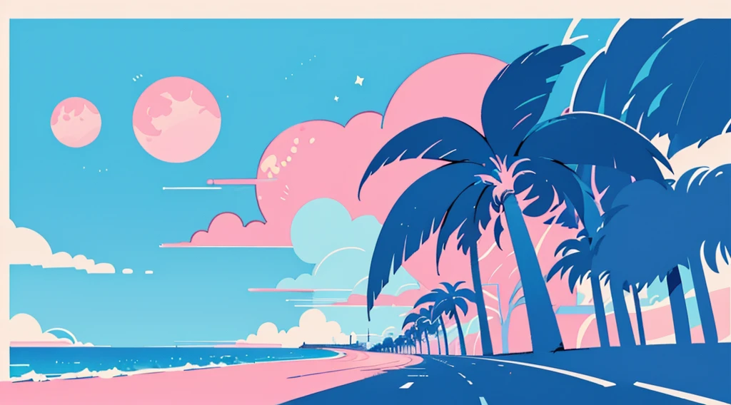 (cyberpunk road by the sea, pink glowing road, starry blue sky, big moon, palm trees), (low contrast, flat color, limited palette)