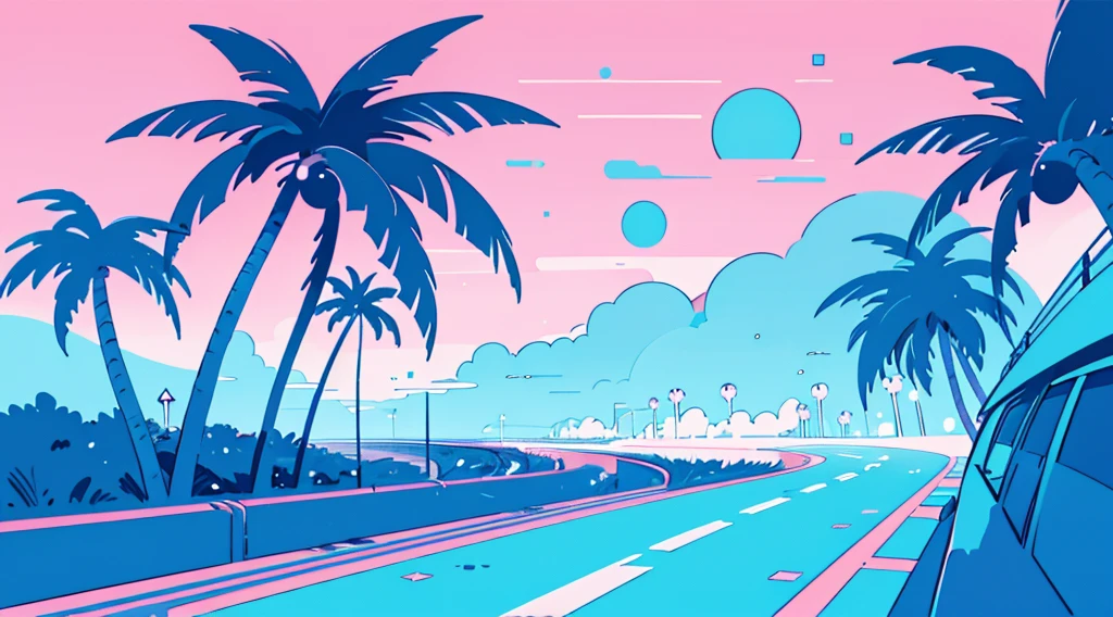 (cyberpunk road by the sea, pink glowing road, starry blue sky, big moon, palm trees), (low contrast, flat color, limited palette)