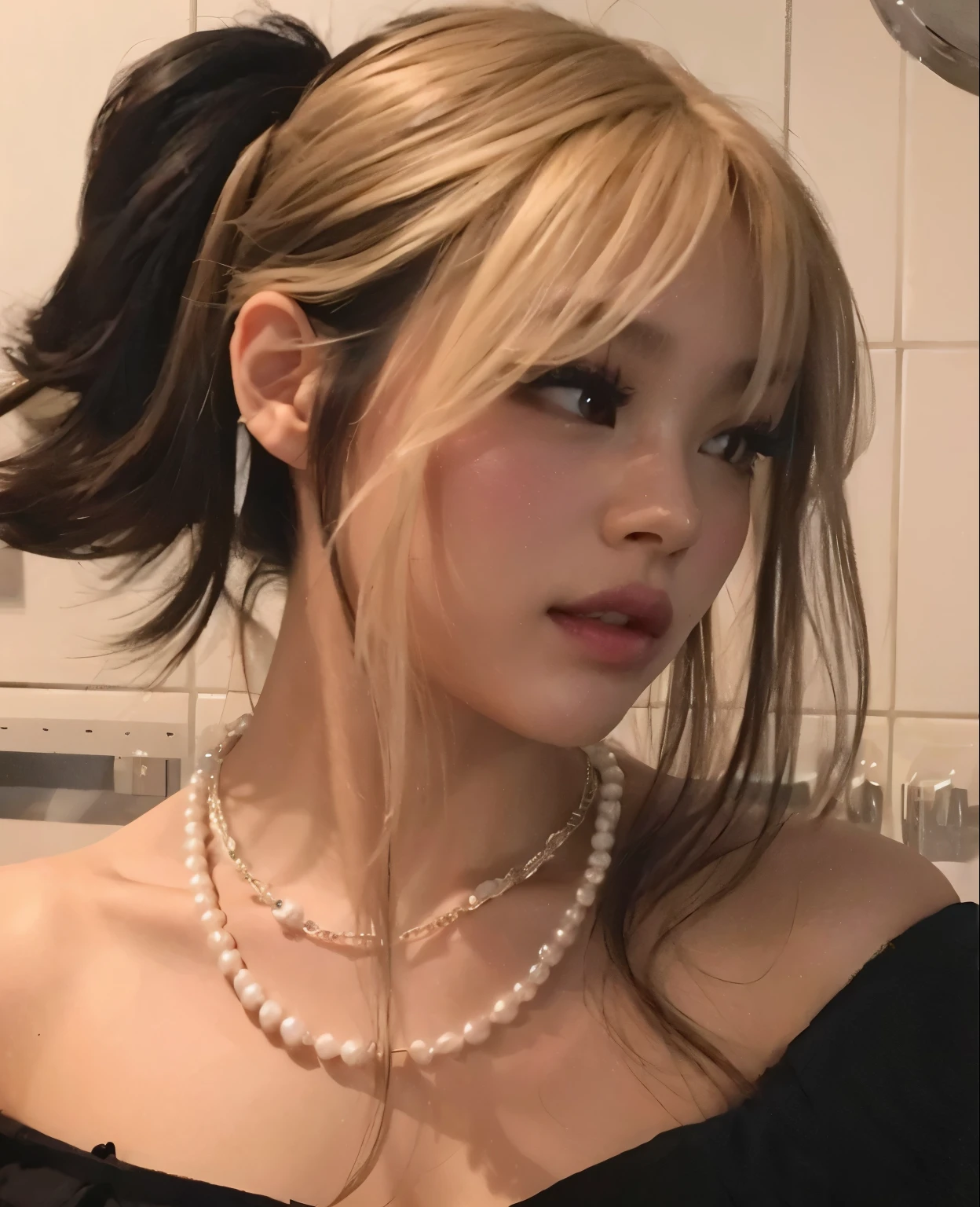 (Highest quality, 4K, 8k, High resolution, masterpiece:1.2), Very detailed, (Realistic, photoRealistic, photo-Realistic:1.37)、Girl standing in room、closed your eyes,、Half-open mouth、Japanese、Big Breasts、Blonde with a black choker、(Hairstyle:random),Shiny skin caused by lotion、Oily skin、Sweaty skin、(((Full body photography)))