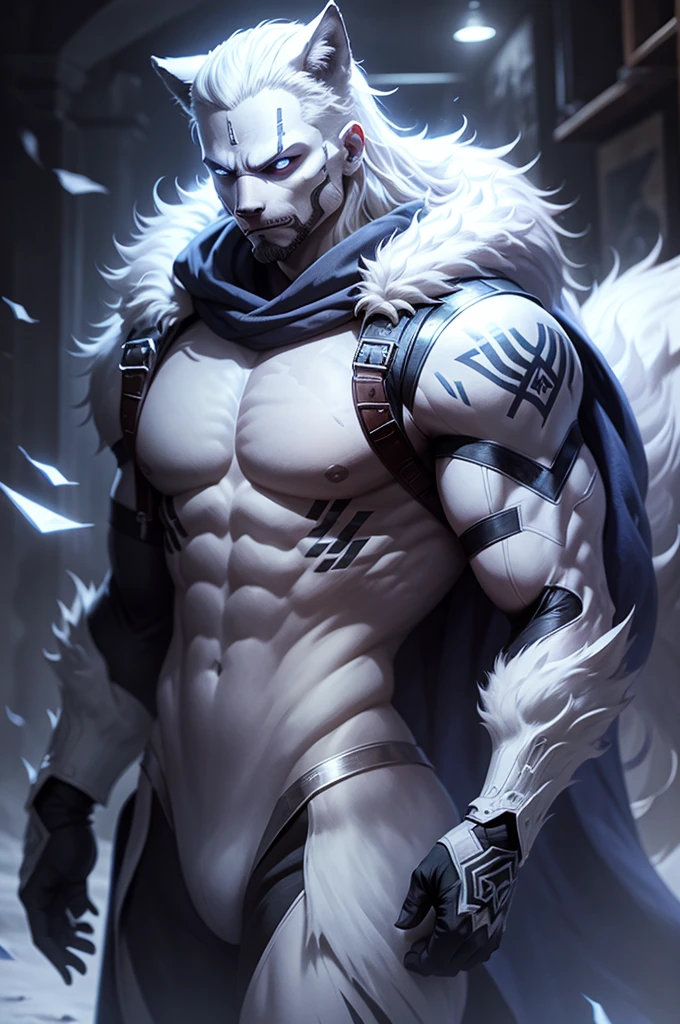macho, arctic wolf, furry, olhos amarelos detalhados, cauda longa, barman, magro, Astuto, Fundo, roupa apertada, swimsuit, wet, sorriso pretensioso