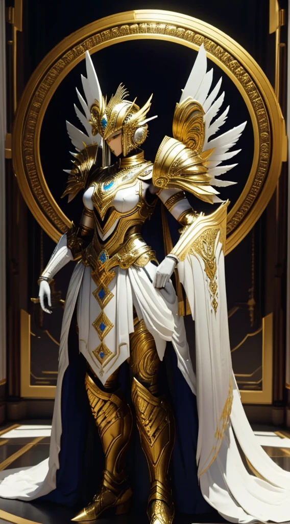 Armor, woman, Greek goddess Hera style, Let the armor be white, With a peacock design, with details of peacock feathers, with a closed helmet, Let the helmet be a bacinete style, Let the armor be without shoulder pads, with a long skirt, that the skirt is elegant, with good lighting, with a focus on the peacock details, that there is a temple in the background, that the armor is elegant.