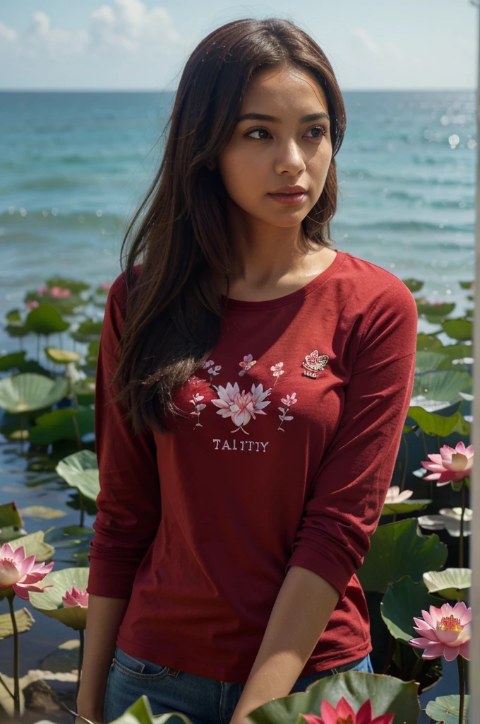 Samia, girl, solo, shirt, looking at you, face, perfect, flowers, high quality, radiant, knight, godly, red shirt, red velvet, water, ocean, lotus