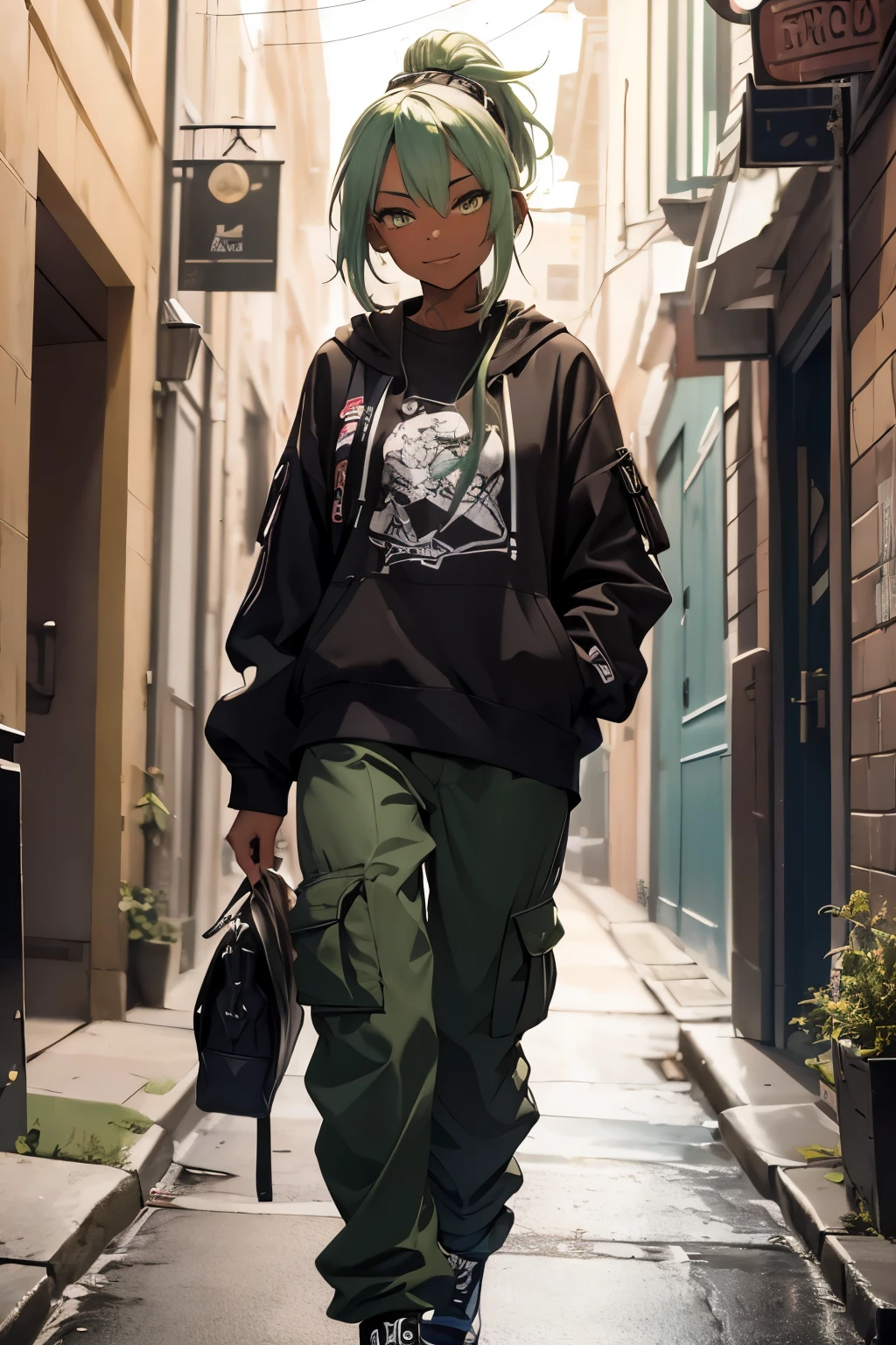 (masterpiece:1.4), 1girl, Streetwear, cargo pants, street, model,(masterpiece, best quality, highres, ultra detailed ), smirk rizz smile, night, depth of field, absurdreasterpiece:1.4), ultra-detailed, 1girl, dark-skinned, stand up, black and yellow, long black wildly hair with white streaks, tatoos, sage green hair, cool backstreet background, beautiful face(busy ight)lust face