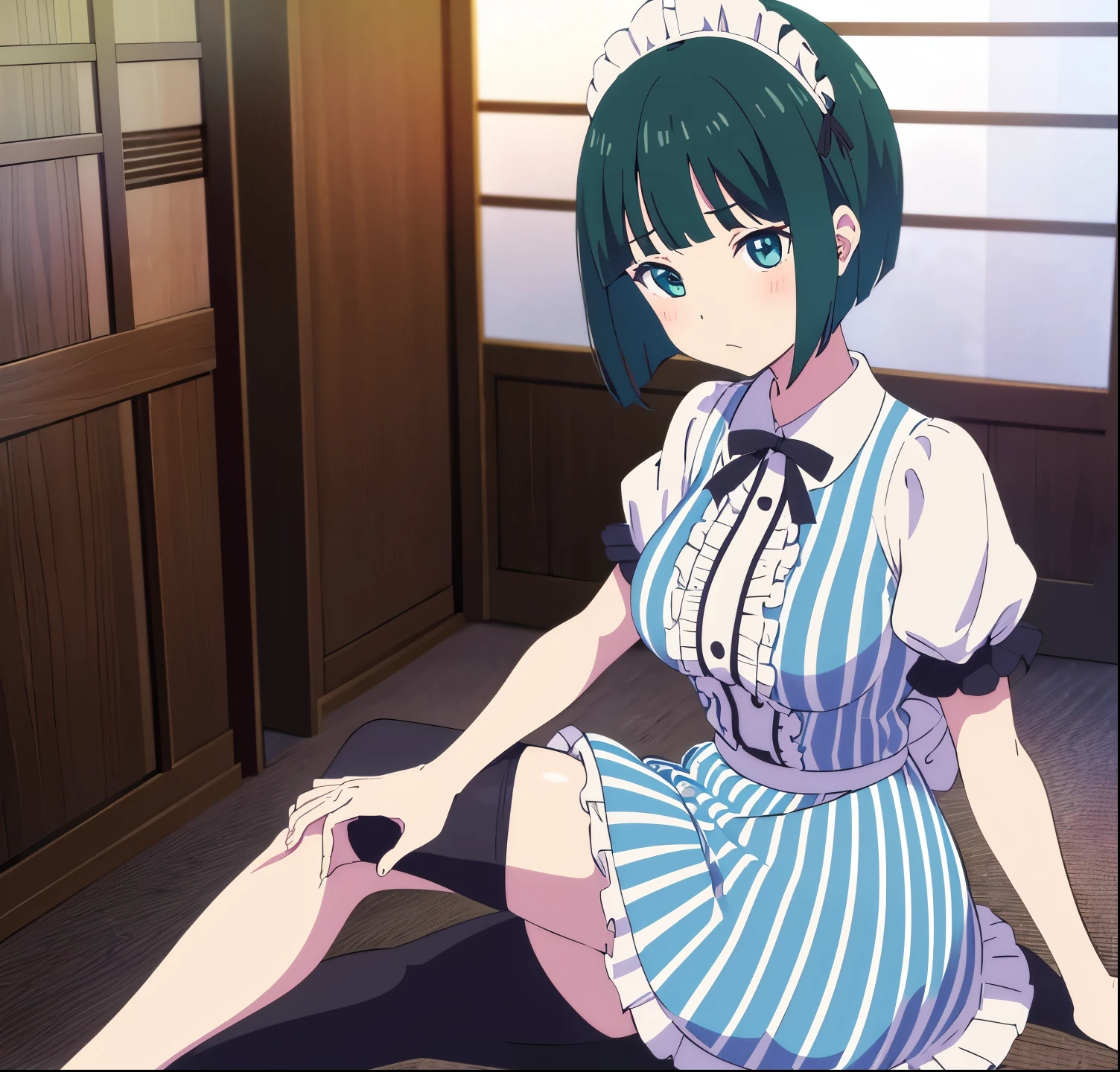 masterpiece, best quality, highres, shiragiku ono,1girl, alone, short hair, green hair, bob cut, maid headdress, blue eyes, large breasts, frills, vertical-striped dress, blue dress, short sleeves,  black pantyhose, sitting, spread legs, open shirt, (nipples:1.1),