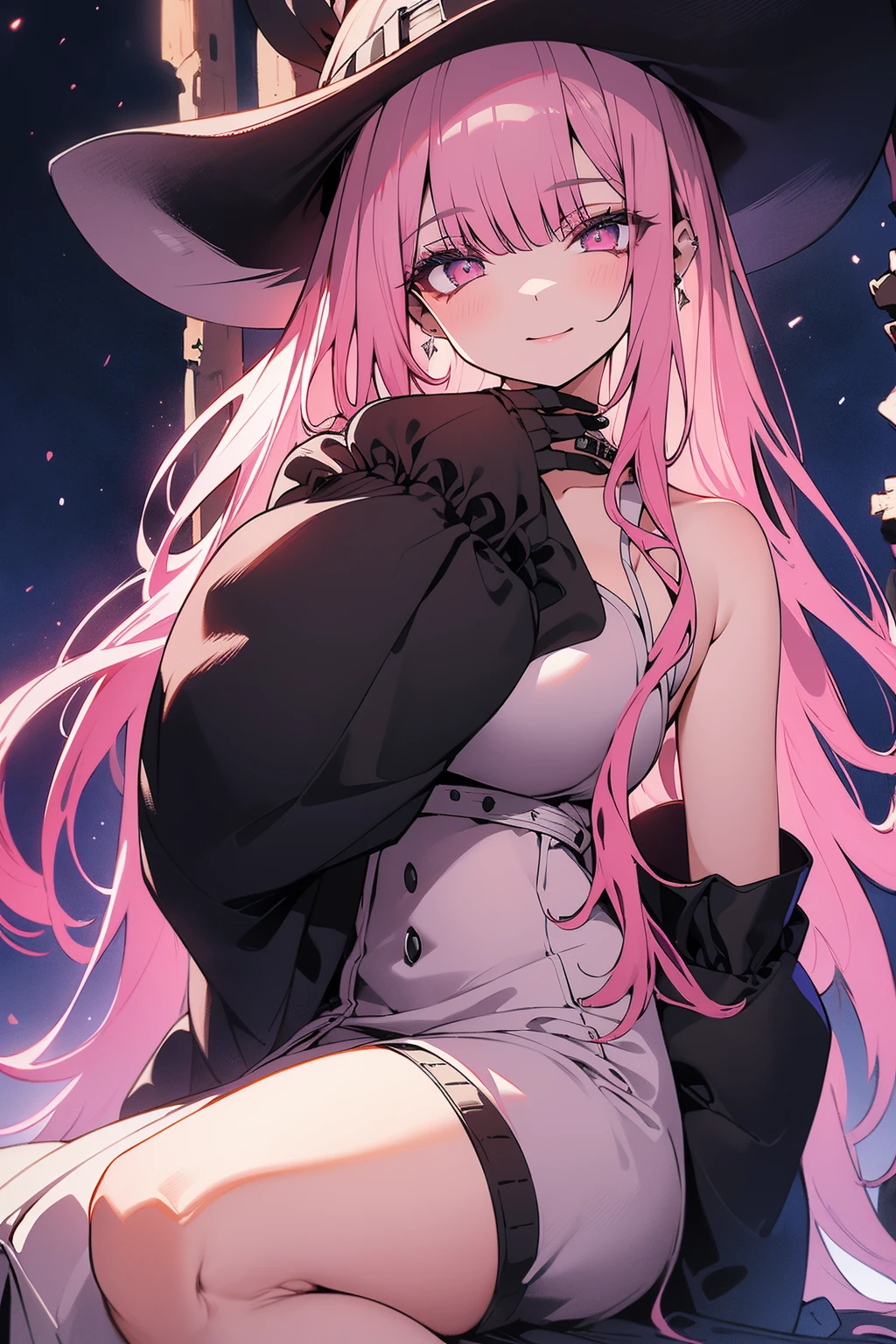 seductive witch, very large hat, witch hat, long pink hair, dreamlike, cinematic, epic, dramatic ambient, flowing, beautiful, highly detailed, complex, vibrant colors, sharp focus, elegant, very inspirational, fine detail, clear, color, artistic, surreal, iconic, high quality, 8k, (((big breasts))), big thighs, short dress, visible shoulder, (visible hips), mischievous face, straight bangs, (dawn), perfect face, ((full body shot)), (sexy), dynamic view, ((beautiful background)), ((dark eyes)), (((in the style of jessica drossin))), (realistic)