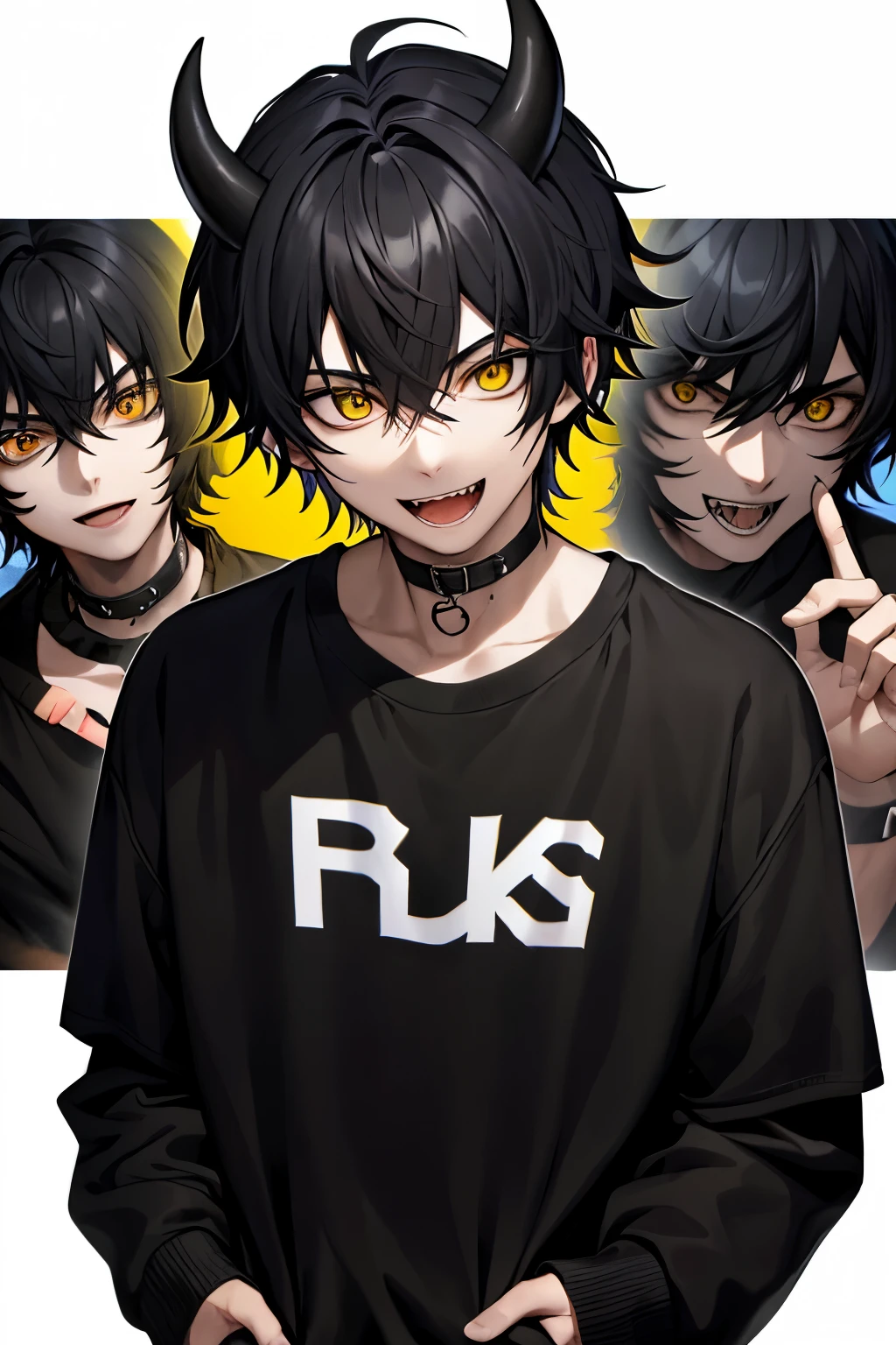 A teenage boy with black hair and bangs between his eyes, with a psychopathic smile on his face, yellow eyes, sharp teeth, with horns, in a black sweatshirt, with his hands in his pocket, looking at the viewer, on a blurred gray background.