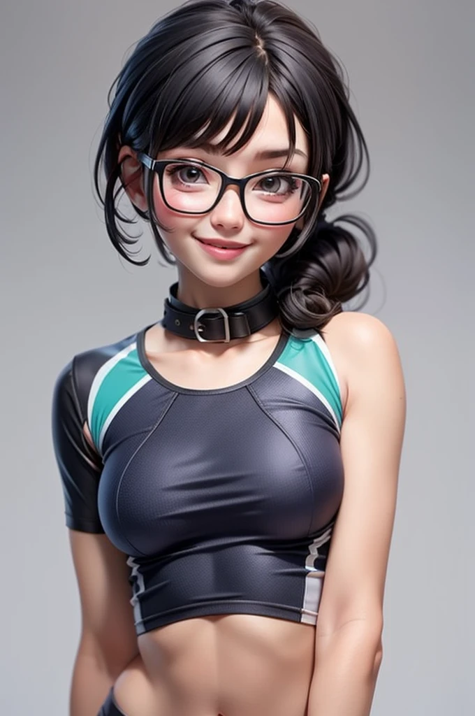 1 Cute Girl (18yo) eyeglasses, Upper body, slim waist, natural small breast, cause impact, seductive expression, bangs, random hairstyle, cleavage, navel, collar, collarbone, off shoulders, Seductive smile, Wear hot and sexy clothes., Volleyball Uniform, Random light color, Upper body. Flat gray for the background.