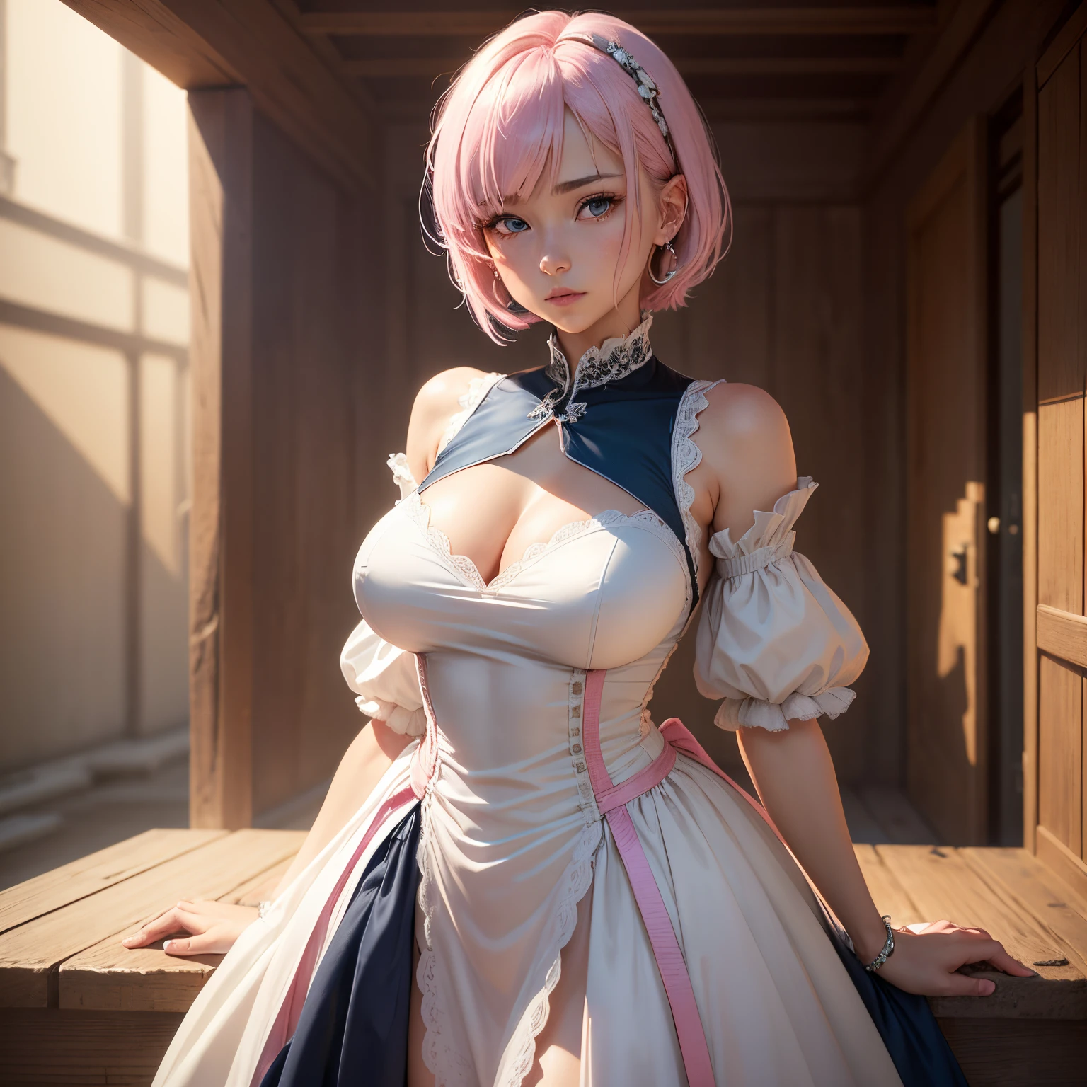 8k, masterpiece, best quality, realistic, higly detailed, cowboy shot, 1girl, solo, Ichika Nakano, young girl, very short hair with a single long strand on the right side, white-pink hair, a single earring, dark blue eyes, average height, well-endowed figure, large breasts, cute, Wedding Dress