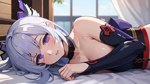 beautiful, masterpiece, Highest quality, anime, One girl, C Cup,Portrait Shot, View your viewers, Covered、Short Hair、nearby、Blue Eyes、art、、White hair,Blue streaked hair、hairpin、Thighs、Cute、blue sky、Beautiful breasts、Full Harness、valley、Sweat、Under Harness、Body Harness、Tightening、Penetration、Body belts、Plainer_Sci-fi combat uniform、PlainerSFアンダースカート、smile、Thigh under belt、Lying on your back