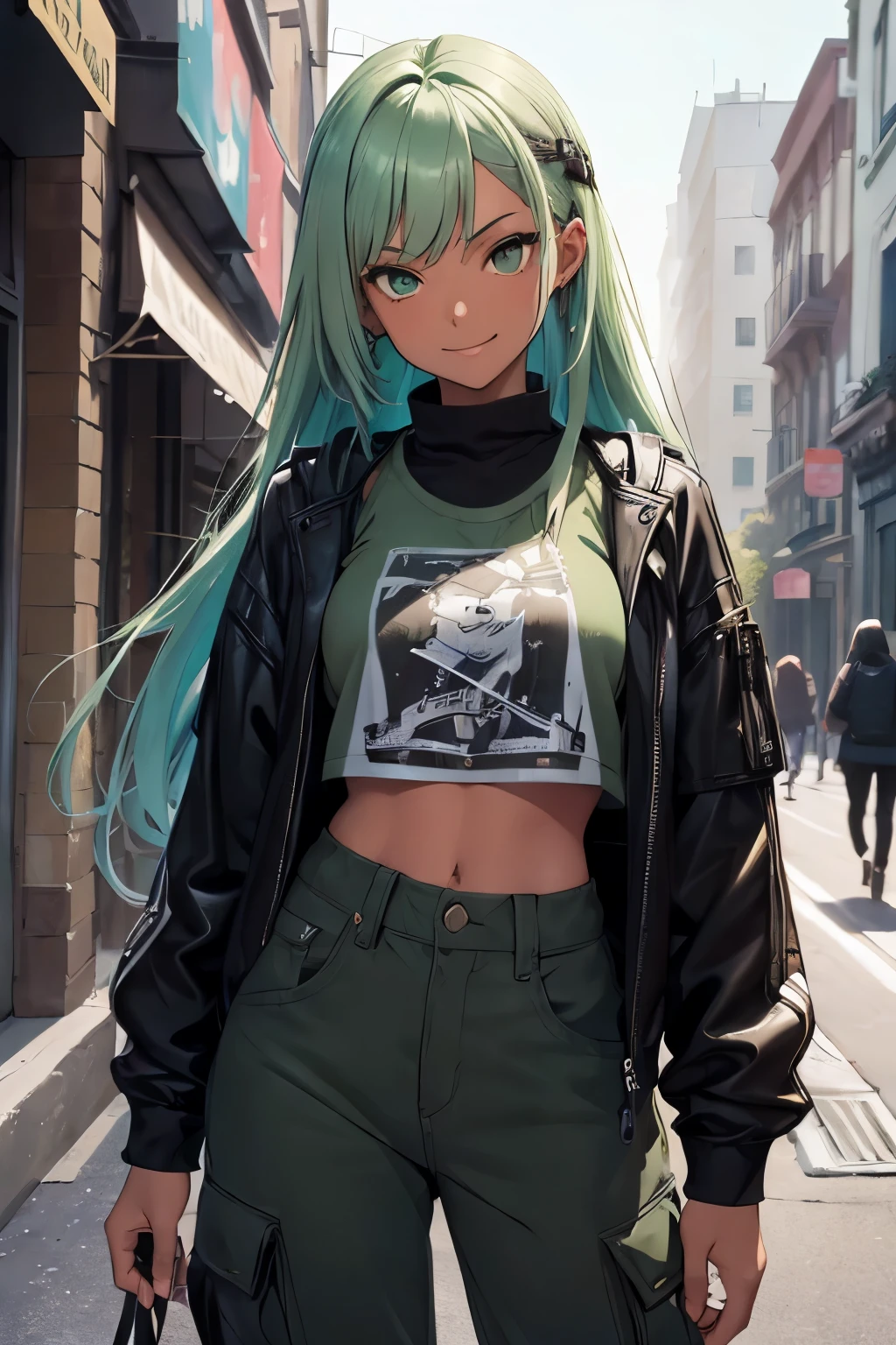 (masterpiece:1.4), 1girl, Streetwear, cargo pants, street, model,(masterpiece, best quality, highres, ultra detailed ), smirk rizz smile, night, depth of field, absurdreasterpiece:1.4), ultra-detailed, 1girl, dark-skinned, stand up, black and yellow, long black wildly hair with white streaks, tatoos, sage green hair, cool backstreet background, beautiful face(busy ight)lust face