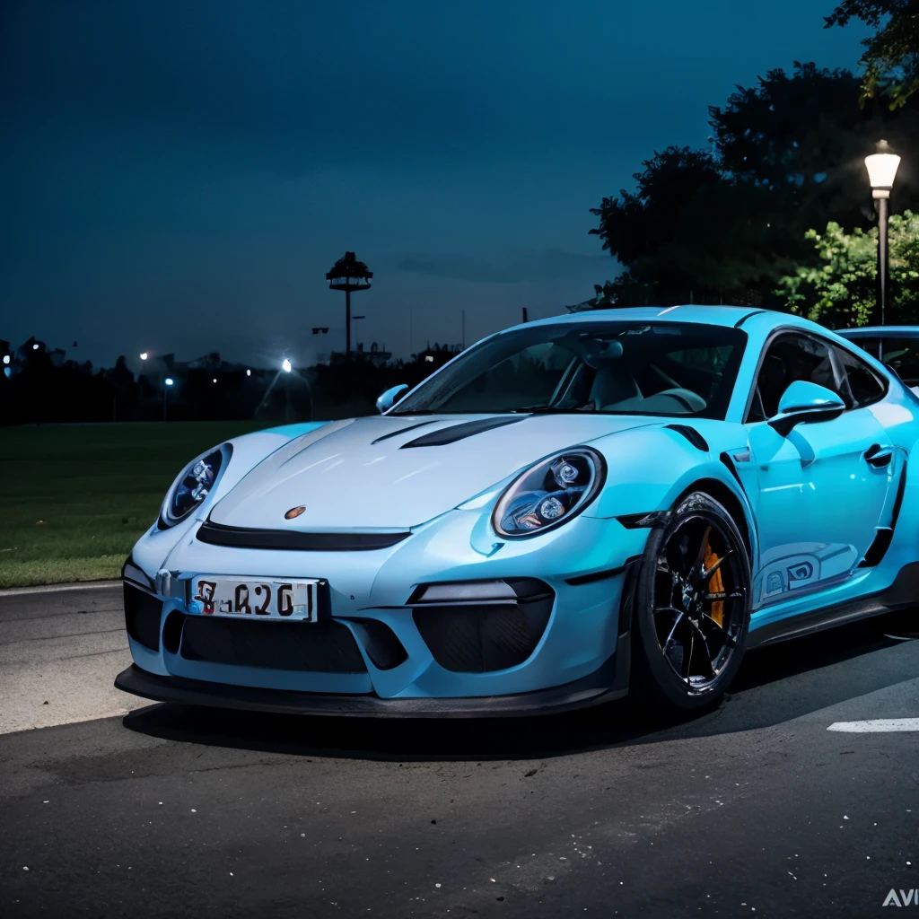 Realista porche gt3 rs azul en un parqueadero de noche