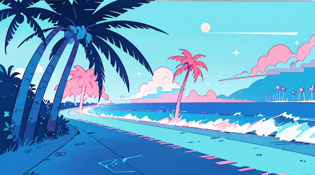 (cyberpunk road by the sea, pink glowing road, starry blue sky, big moon, palm trees), (low contrast, flat color, limited palette)