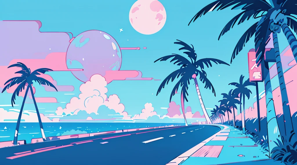 (cyberpunk road by the sea, pink glowing road, starry blue sky, big moon, palm trees), (low contrast, flat color, limited palette)