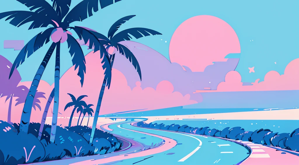 (cyberpunk road by the sea, pink glowing road, starry blue sky, big moon, palm trees), (low contrast, flat color, limited palette)