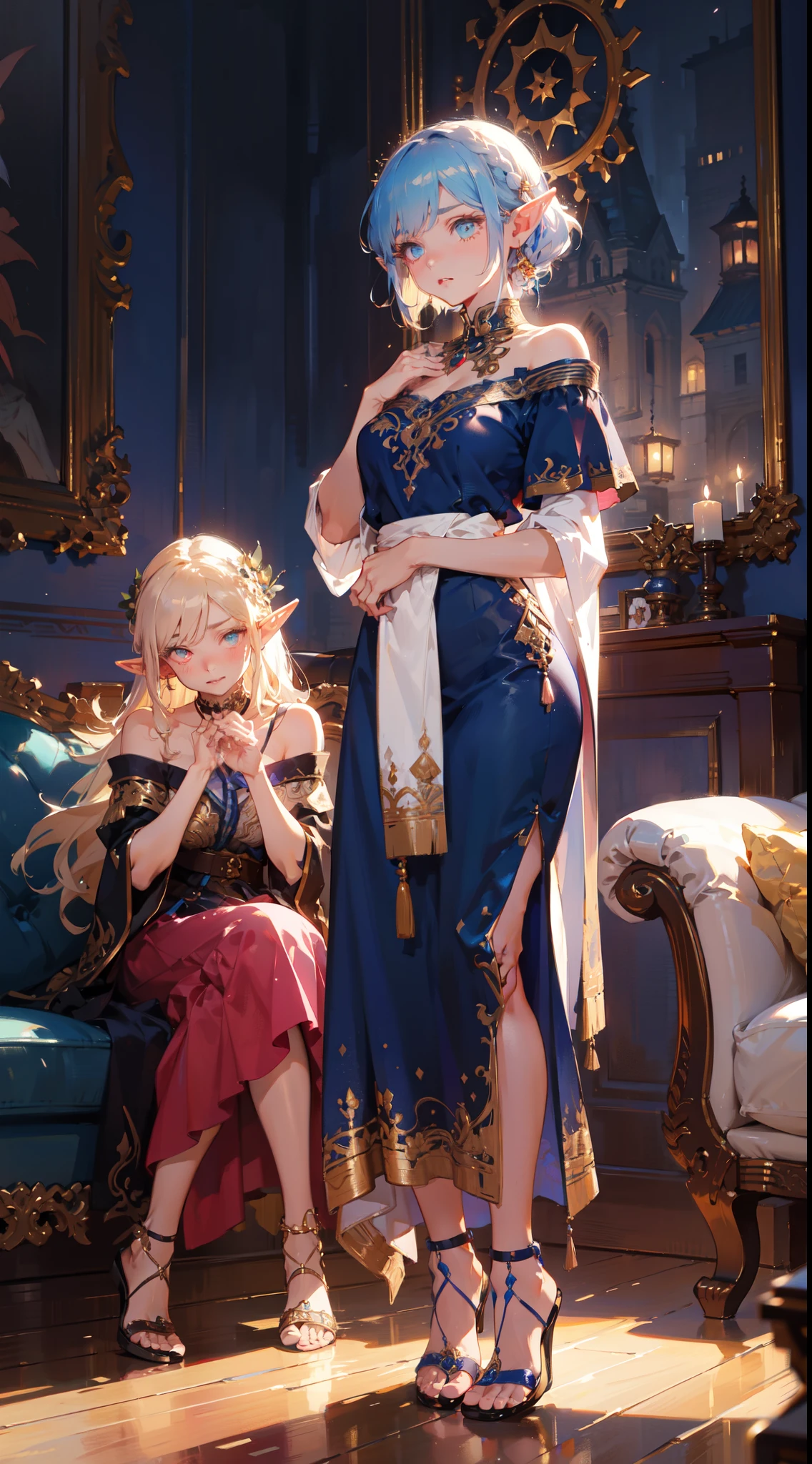 3girl, (elf), Mature elf female, Sisters, a beauty girl, Young elf women mature, bathing, hand on her own chest,, hand in own hair, tying hair, Adjust hair, High heels, (Elegant Blue Dress:1.1), (Ornate Clothes, Ornate Dreslue Off-Shoulder Dress:1.1) , styles by Artgerm, by Kawacy, By Wadim kashin, BREAK, eyelashes, eyeshadow, pink eyeshadow, the two sisters sat together on the sofa, one older sister standing behind,