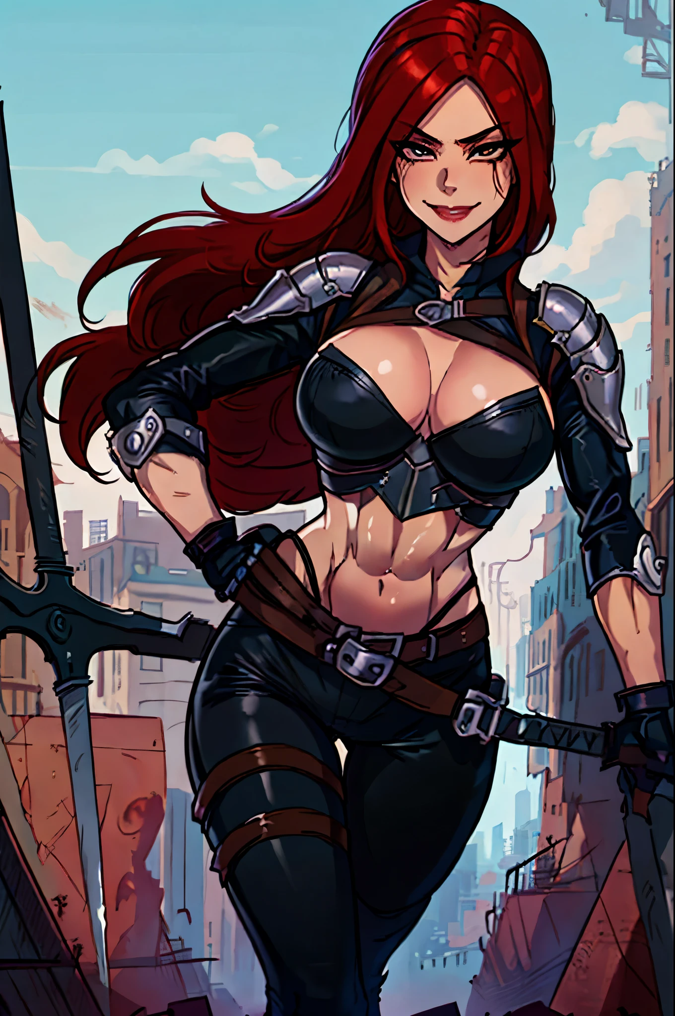 Masterpiece, best quality, portrait, (masterpiece, best quality)1.5, 1girl, solo, katarina, belly tattoo, black pants, knee-high lace-up boots, black gloves, harness, dual swords, long red hair, (large breasts:1.5), (toned body:1.5), smiling, smooth, face portrait