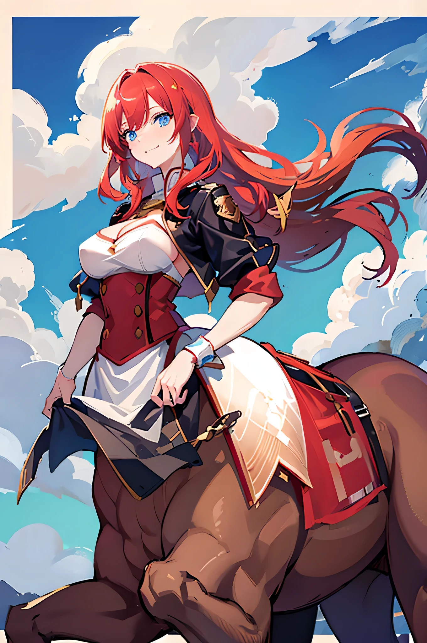 4K,hight resolution,One Woman,Bright red hair,Longhaire,Blue eyes,a centaur,hime,hime騎士,white knight armor,himeのティアラ,wilderness plain