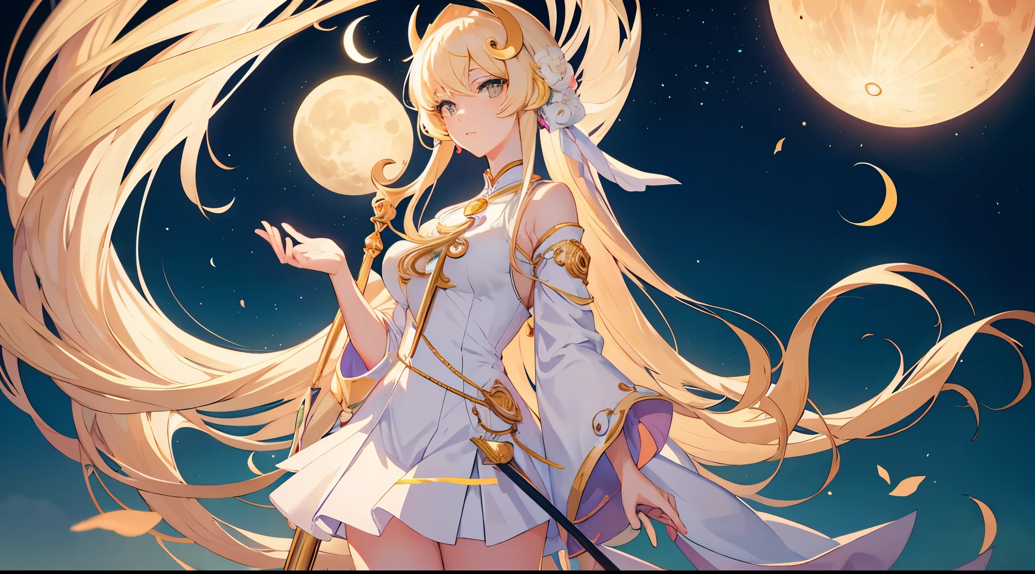 Masterpiece, best quality, Anime Pastel. Gigantic Key staff, Crescent Moon, White headphone, blonde, Korean, beautiful face, tall, slender, goddess of the moon, detailed face, moon temple, full body, Yellow Moon, detailed fingers