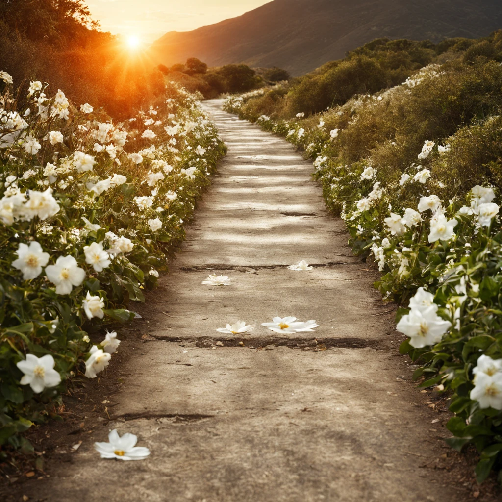 一片white flowers海，e o sol brilhava intensamente，The light from the back window is backlighted，Octano, heaven, Paisagem, 1girl "Kate Beckinsale", Existe um caminho no meio do mar de flores，there is space between，There is a path in the center of the screen，The path leads to the distance，Quase real e muito virtual，FLORES brancas，There&#39;uma estrada no meio que leva para longe，the setting sun，变得 and the sun shone brightly，rico em detalhes，fotorrealista，Realismo，4K分辨率，textura rica，The painting style is smooth