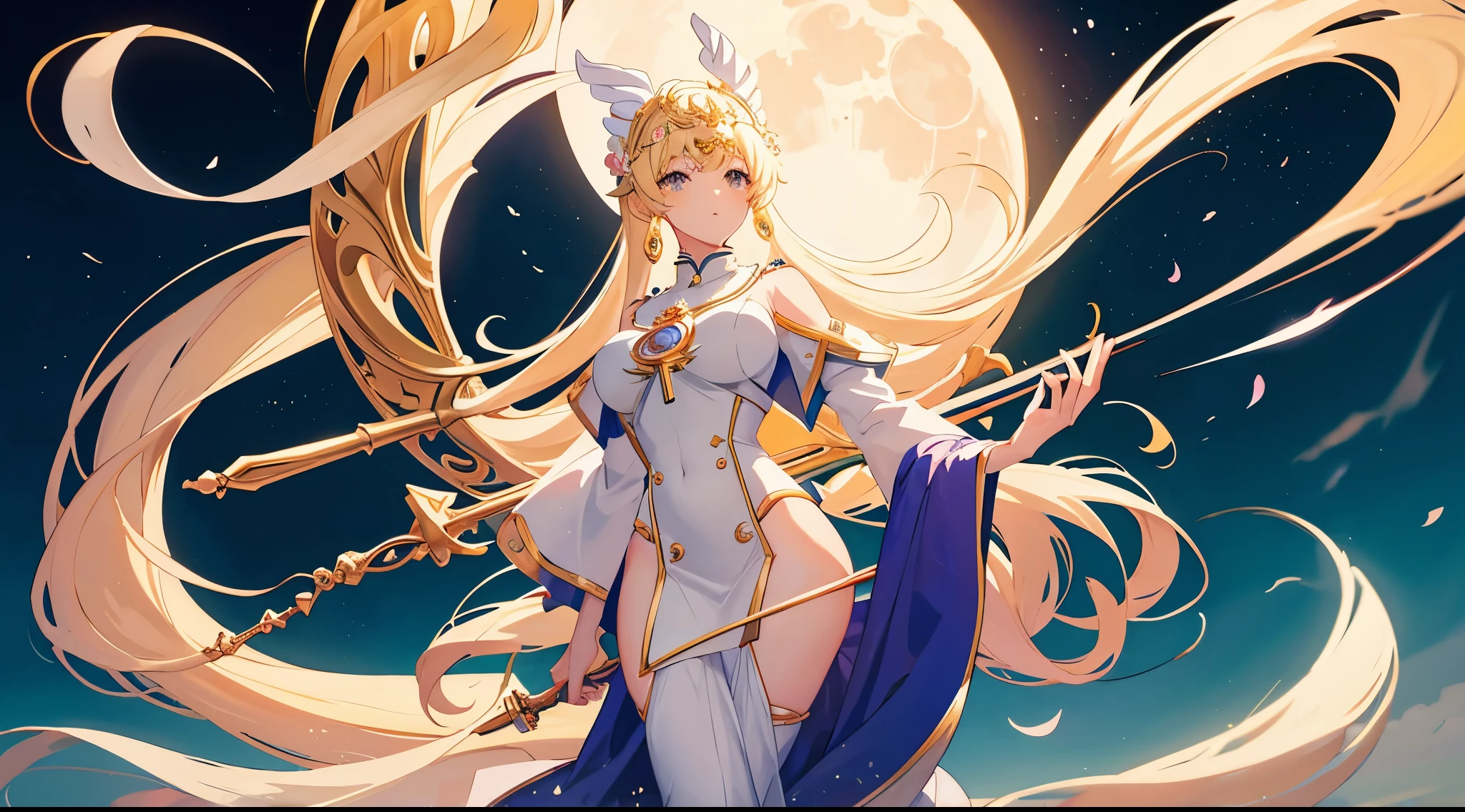 Masterpiece, best quality, Anime Pastel. Gigantic Key staff, Crescent Moon, White headphone, blonde, Korean, beautiful face, tall, slender, goddess of the moon, detailed face, moon temple, full body, Yellow Moon, detailed fingers