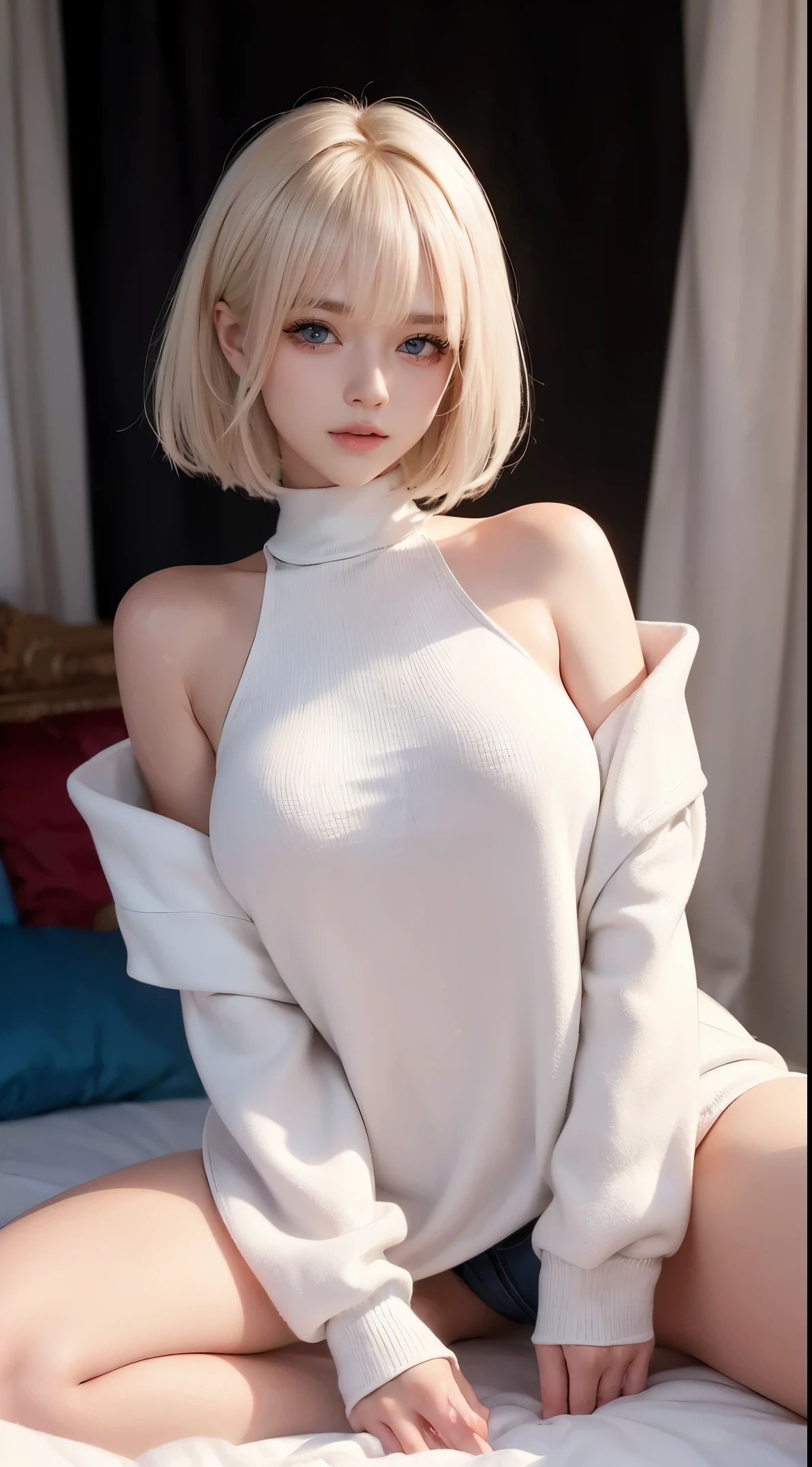 ( face, virgin face, Masterpiece, High resolution, 8k, 1 girl, ultra Detailed, Fine skin, white skin, Brighten the subject, cinematic lights, beautiful face, Detailed eyes, lip gloss), (((Detailed anatomy))), blonde hair, Pixie hair, Silky straight hair, blunt bangs, Very short hair, Blue eyes, (slender body), (((Natural big tits))), photography, (focus upper body), Sweet smile, looking at viewer, Wearing a white knit long sleeve, Wearing a white knit long sleeve, Bare neck, Bare shoulder and neck, Blonde hair, Pixie hair, Silky straight hair, blunt bangs, Very short hair, blunt bangs, seduction, sitting on bed, Spread up her legs wide, Spread up her legs wide, Spread up her legs wide, Pixie hair, Very short hair,