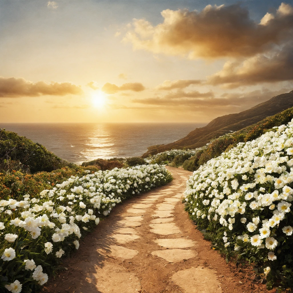 一片white flowers海，e o sol brilhava intensamente，The light from the back window is backlighted，Octano, heaven, Paisagem, 1girl "Kate Beckinsale", Existe um caminho no meio do mar de flores，there is space between，There is a path in the center of the screen，The path leads to the distance，Quase real e muito virtual，FLORES brancas，There&#39;uma estrada no meio que leva para longe，the setting sun，变得 and the sun shone brightly，rico em detalhes，fotorrealista，Realismo，4K分辨率，textura rica，The painting style is smooth