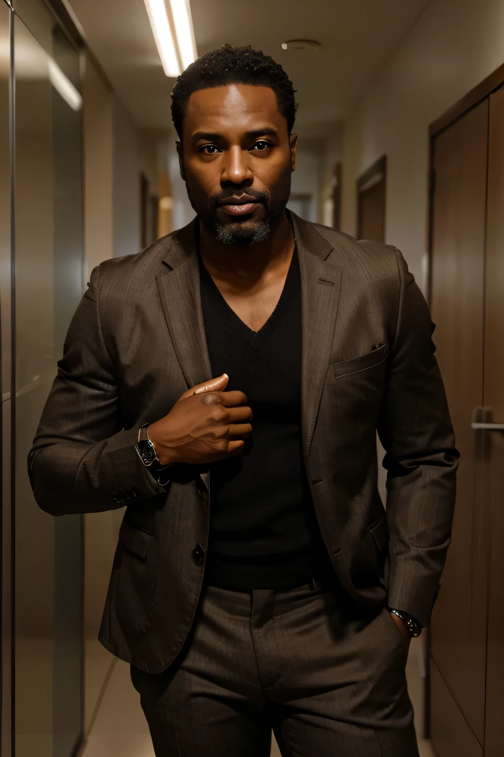 a black man in his forties standing, com barba e cabelo curto, wearing a stylish blazer and brown pants, wearing a watch and holding hands, corpo inteiro, fotorrealista, ultrarrealista | | |, octano, emprestar, HDR, 8k --v 5