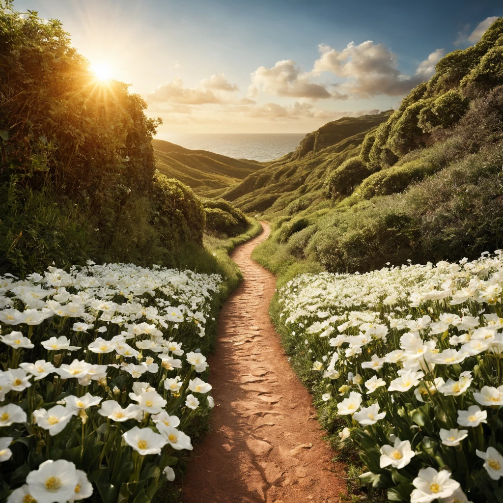 一片white flowers海，e o sol brilhava intensamente，The light from the back window is backlighted，Octano, heaven, Paisagem, 1girl "Kate Beckinsale", Existe um caminho no meio do mar de flores，there is space between，There is a path in the center of the screen，The path leads to the distance，Quase real e muito virtual，FLORES brancas，There&#39;uma estrada no meio que leva para longe，the setting sun，变得 and the sun shone brightly，rico em detalhes，fotorrealista，Realismo，4K分辨率，textura rica，The painting style is smooth