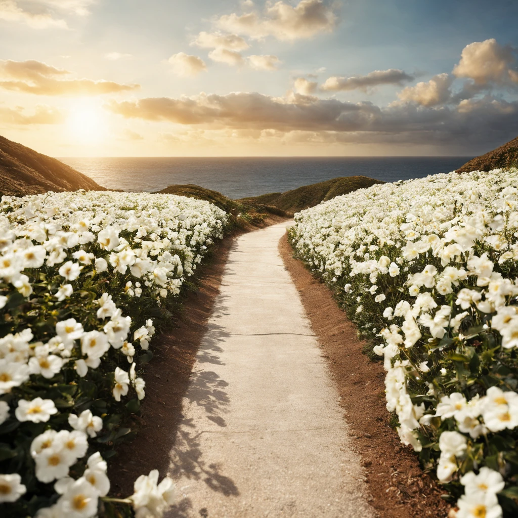 一片white flowers海，e o sol brilhava intensamente，The light from the back window is backlighted，Octano, heaven, Paisagem, 1girl "Kate Beckinsale", Existe um caminho no meio do mar de flores，there is space between，There is a path in the center of the screen，The path leads to the distance，Quase real e muito virtual，FLORES brancas，There&#39;uma estrada no meio que leva para longe，the setting sun，变得 and the sun shone brightly，rico em detalhes，fotorrealista，Realismo，4K分辨率，textura rica，The painting style is smooth