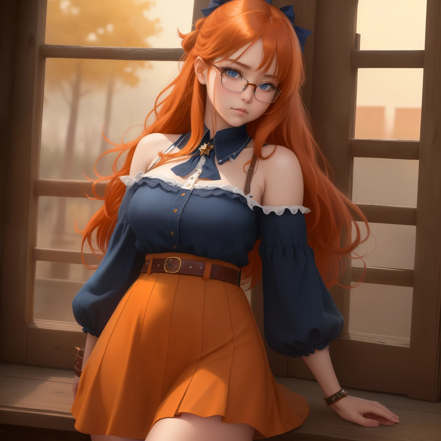 orange color hair、hime-cut、Golden Eyes、eye glasses、ssmile、Early s girl、Smaller chest、Thin pubic hair is visible、Open the white robe、Opening legs、Rural steppe、low angles