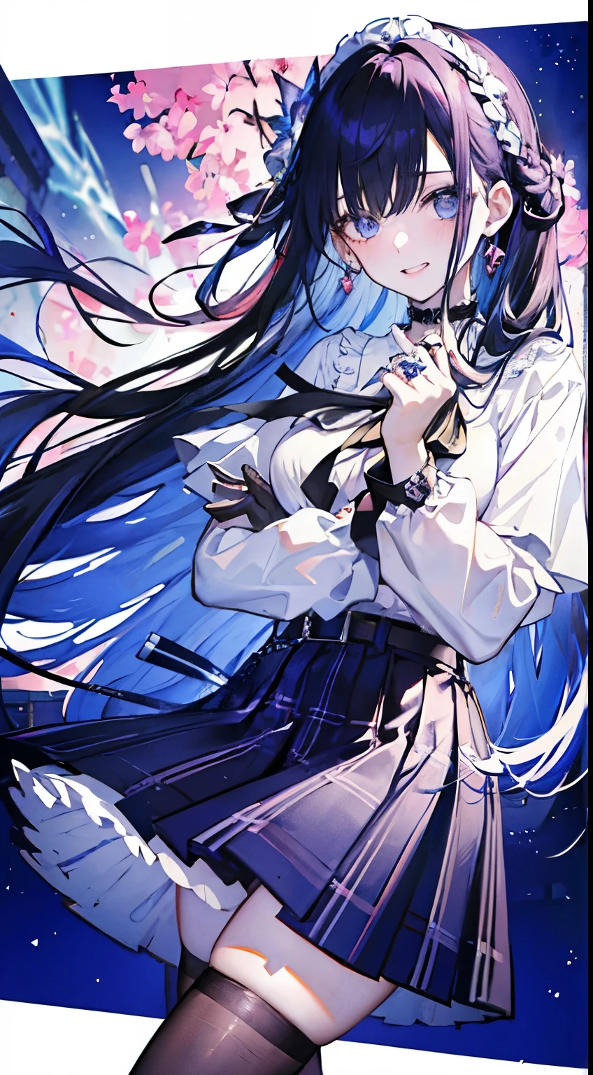 masterpiece, of the highest quality, Highly detailed,The best shading、3 views beautiful anime face and eyes, cowboy shot,stoop,villainess、 Together、Glowing skin, ear piercings、Long hair,Braids、(Glamour:1.1)、Hanging、
Gaming Hair Color、 hair adornments、(A smile:0.8),(embarrassed from:1.Wearing sweat;0.8)、(yandere:1.3)、Bewitching eyes、Hanging、normal hands,Big, Ring-shaped bangle on left hand, Choker,hair pin、Thin ribbon、stall、
enamel shirt、a belt、Plaid layered skirt、Lace stockings、clothes shiny、Ring overhead、
during daytime,Shooting Venue、Scattered light particles, Blurry background image,