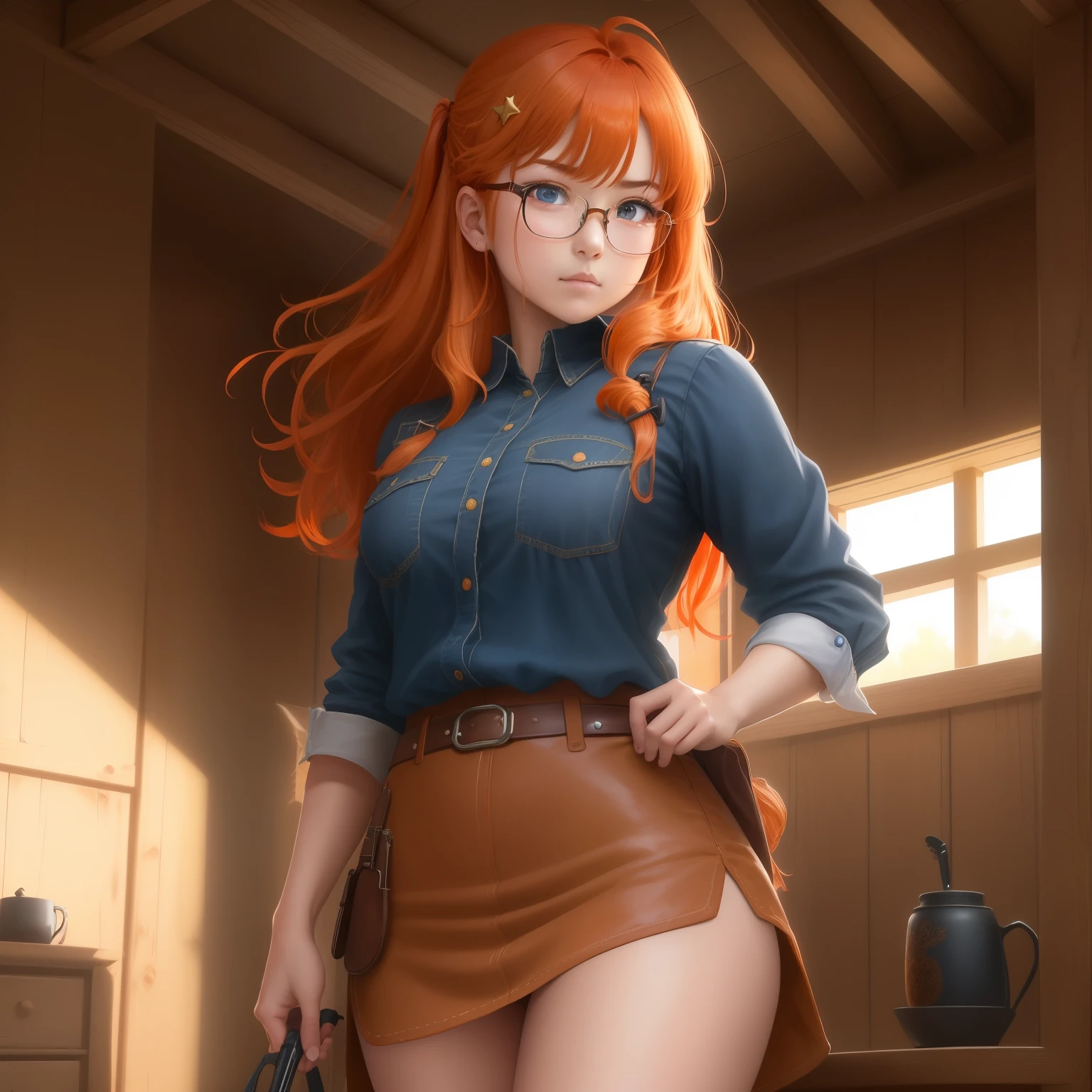 8k, masterpiece, best quality, realistic, higly detailed, cowboy shot, 1girl, solo, itsuki, serious looking girl, medium-length hair, expressive ahoge, reddish-orange hair, a pair of star-shaped hairpins near both of her eyes, dark blue eyes, average height, well-endowed figure, glasses, cute, angel