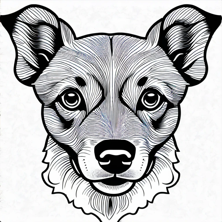 a dog style chiweenie, black and white, wavy lines, realistic line art drawing, coloring book page, no noise, sharp thick lines, contour art, centered image, isolated on a white background