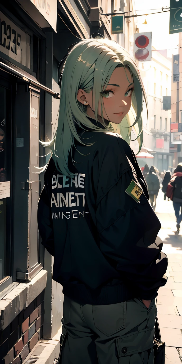 (masterpiece:1.4), 1girl, Streetwear, cargo pants, street, model,(masterpiece, best quality, highres, ultra detailed ), smirk rizz smile, night, depth of field, absurdreasterpiece:1.4), ultra-detailed, 1girl, dark-skinned, stand up, black and yellow, long black wildly hair with white streaks, tatoos, sage green hair, cool backstreet background, beautiful face(busy ight)lust face