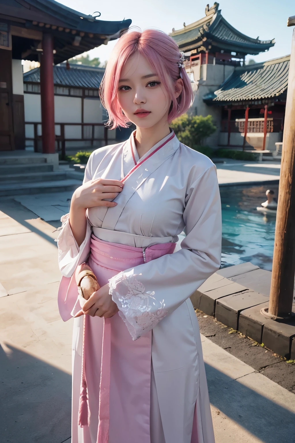 (8K, top-quality, masterpiece:1,2), (reallistic, Photorealsitic:1.37), Super Detail, One girl,), (Highly detailed), (beautifully detailed eyes), (of the highest quality), (super detailed ), (masterpiece), (Detailed face),20yr old, ,1 girl, full body, pink hair,Very short hair, medium breasts, clothed, Perfect Lighting, breast focus, looking at viewer, aroused face, naughty face, Hanbok, China, old Chinese temple, outdoors, clear sky, standing