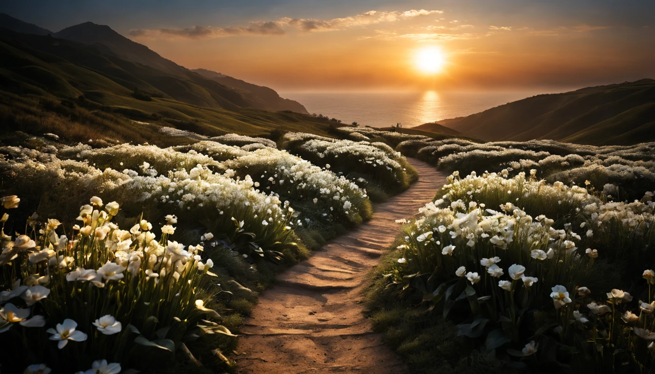 一片white flowers海，e o sol brilhava intensamente，The light from the back window is backlighted，Octano, heaven, Paisagem, 1girl "Kate Beckinsale", Existe um caminho no meio do mar de flores，there is space between，There is a path in the center of the screen，The path leads to the distance，Quase real e muito virtual，FLORES brancas，There&#39;uma estrada no meio que leva para longe，the setting sun，变得 and the sun shone brightly，rico em detalhes，fotorrealista，Realismo，4K分辨率，textura rica，The painting style is smooth