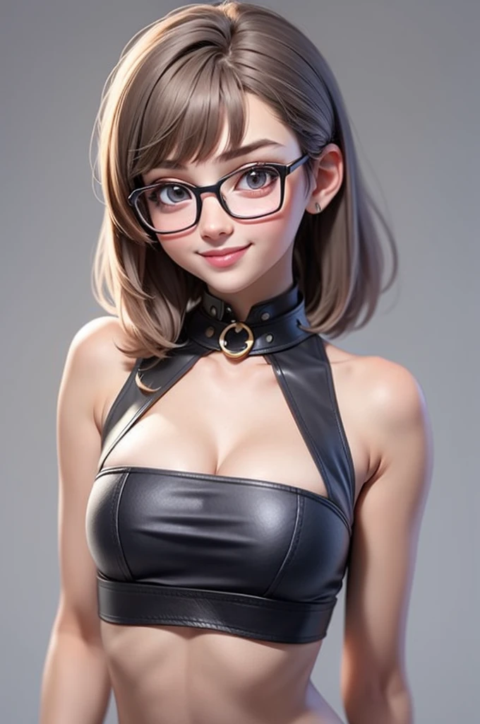 1 Cute Girl (18yo) eyeglasses, Upper body, slim waist, natural small breast, cause impact, seductive expression, bangs, random hairstyle, cleavage, navel, collar, collarbone, off shoulders, Seductive smile, Wear hot and sexy clothes., Police Uniform, Random light color, Upper body. Flat gray for the background.