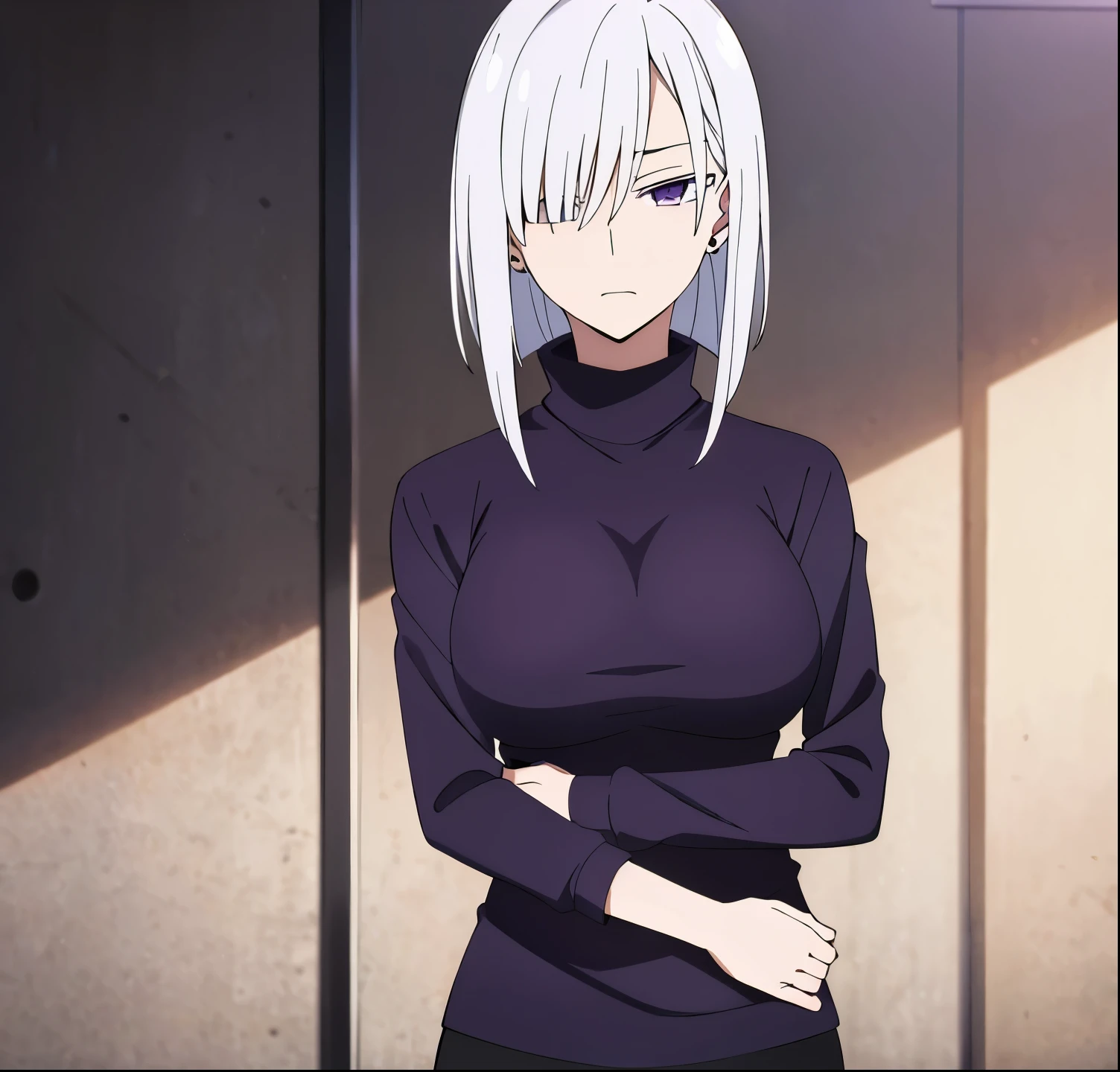 (masterpiece, best quality:1.2), , cowboy photo, alone, 1 girl, fiona frost, expressionless, mouth closed, self-lifted, shirt lifted, white hair, purple eyes, black turtleneck, bra black, panties, jewelry, earrings, big breasts, medium waist, medium hips, wide thighs