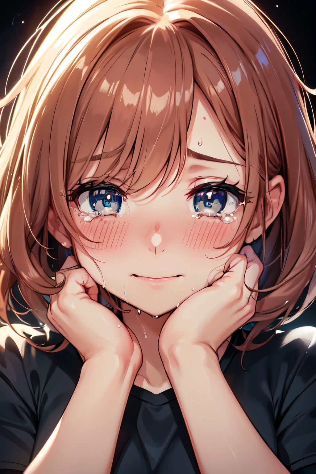 (High quality, High resolution, Fine details), (colorful background:1.2), (woman crying loudly), (tears streaming down her face), sobbing uncontrollably, (palms pressed against her cheeks), (wet cheeks), solo, curvy women, disheveled hair, (teary eyes), (Detailed eyes), smile, blush, Sweat, Oily skin, shallow depth of field, misty atmosphere, deeply moving scene, dark and dramatic lighting